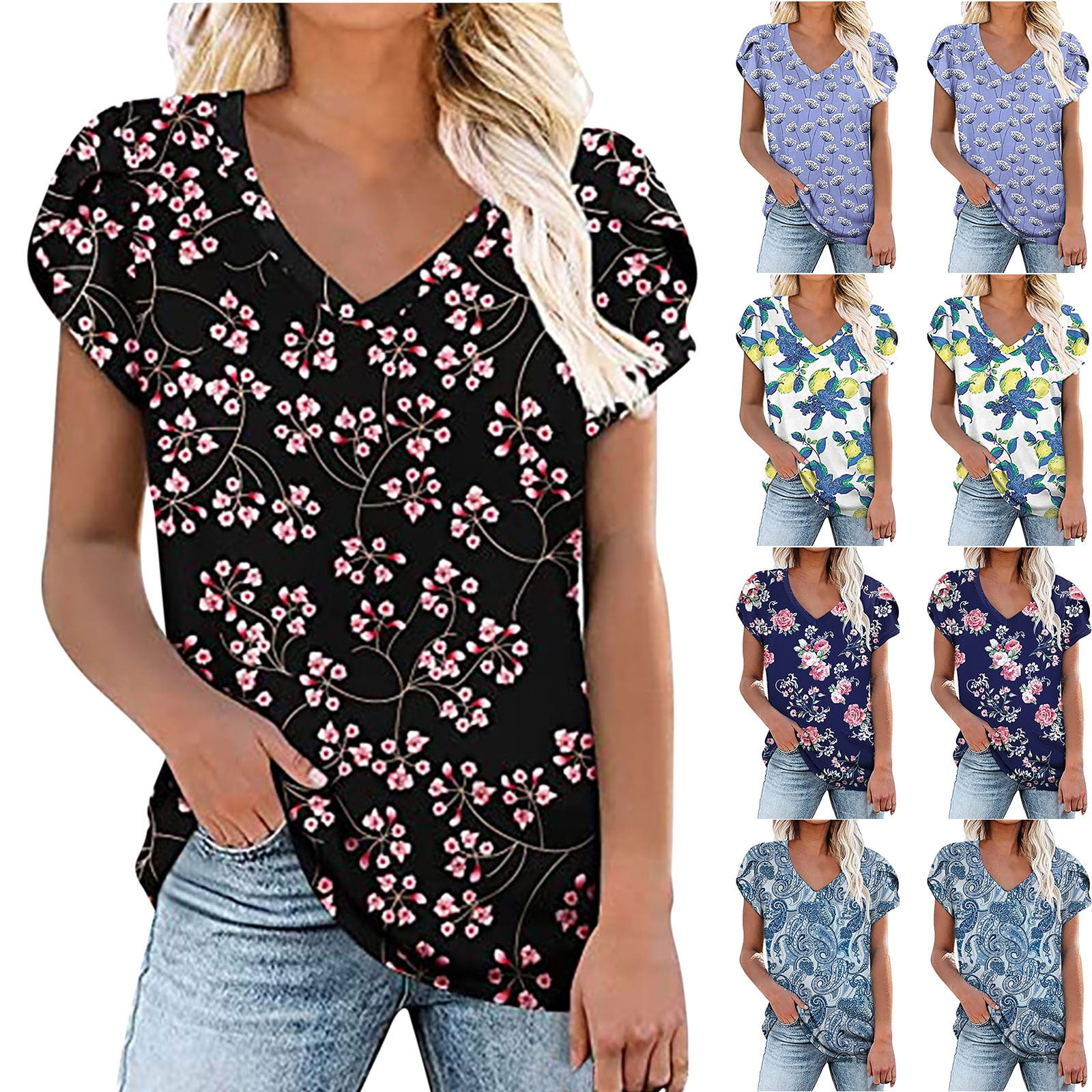 onlyliua Trendy Tops for Women 2024, Womens Summer Casual TShirts V Neck Petal Short Sleeve