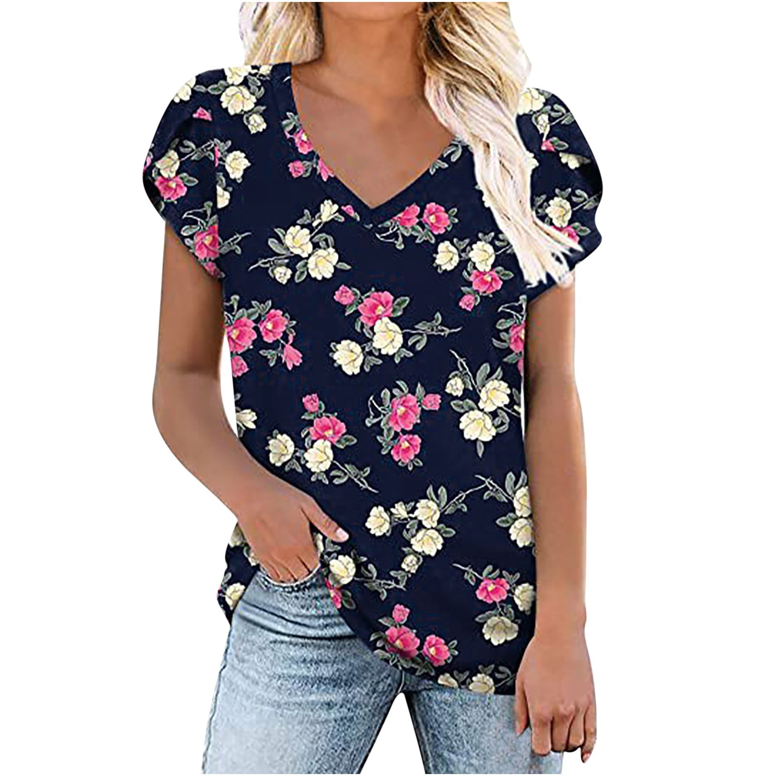 Vrtige Women's Batwing Sleeve Chiffon Blouse - Tie Front V-Neck Short Sleeve Tunic Top For Casual Wear