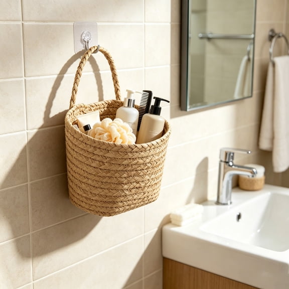 onlyliua Wall Mounted Woven Wicker Basket Decorative Hanging Storage Organizer for Flowers Plants Kitchen Bathroom Rustic Seagrass Handwoven Basket Shelf Accent Practical Home Use