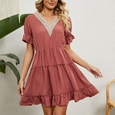 onlyliua Women's Dress Oversized Solid Color V-Neck Tunic Dress Leisure Short Sleeve Loose Fit Sundress Summer Savings Clearance
