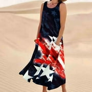 onlyliua Womens Clothes Cotton and Linen Stars Print Crew Neck Long Dress Leisure Sleeveless Loose Fit Dresses Summer Savings Clearance