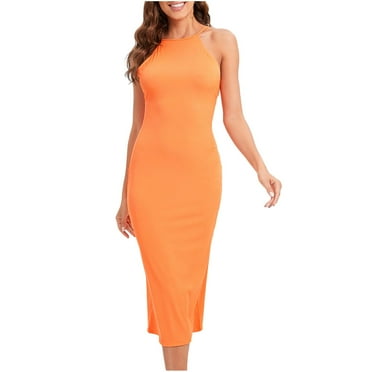onlyliua Womens Dresses Oversized Solid Color Crew Neck Mid-Length Dress Casual Sleeveless Slim Fit Skirt Summer Savings Clearance
