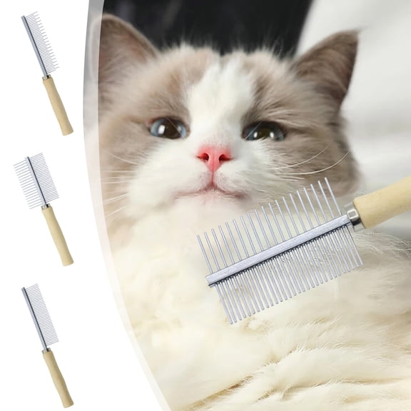 onlyliua Wood-Handled Stainless Steel Wide-Tooth Grooming Comb Double-Range High-Low Teeth Dematting And Glossing Tool Ergonomic Wooden Grip Durable Comb For Long-Hair Dogs And Cats