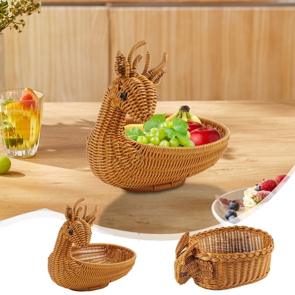 onlyliua Woven Deer And Rabbit Decorative Storage Basket Animal-Shaped Fruit Snack Container Tabletop Organizer Durable Straw-Look Bin For Treats Toys And Pet Supplies Cute Holiday Gift Home