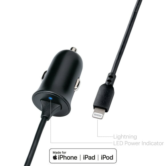 onn. 2.4A Lightning Car Charger, Vehicle Adapter for iPhone, iPad and iPod, Black