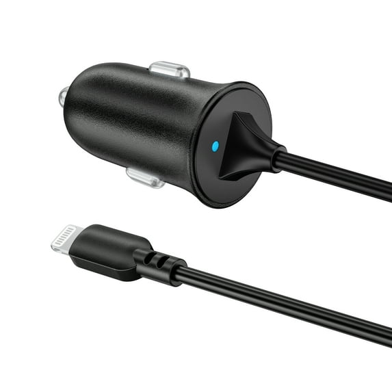 onn 12W Single USB-A Port Car Charger With 3ft A-Lighting Cable, Black - Compatible with iPhone 14/13/12/11/X/XR/XS/8/7/6/5, iPad, Airpods and more