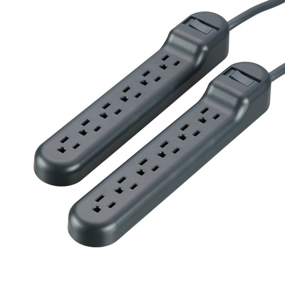 onn. 2 Pack 2.5ft 6 AC Outlets Surge Protector with Switch-Grey