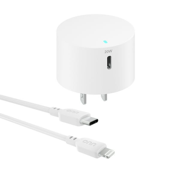 onn 20W Single USB-C Port Wall Charger With 3ft C-Lighting Cable, Fast Charging, USB-IF Certified,Foldable Plug, White - Compatible with iPhone 14/13/12/11/X/XR/XS/8/7/6/5, iPad, Airpods and more