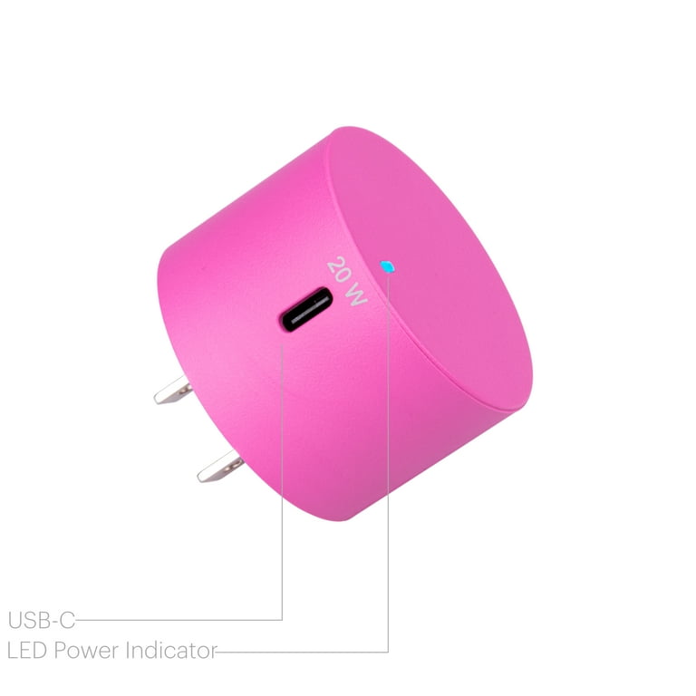 onn. 20W USB-C Wall Charger with Power Delivery, Pink, for iPhone models  (13/12/11/SE/XS/XR/8 series), Samsung, Sony, and LG smartphone models,  foldable plug for on the go. 