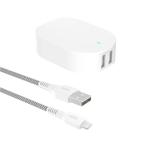 onn 24W Dual USB-A Port Wall Charger with 3ft Lighting to USB Cable, Foldable Plug, White - Compatible with iPhone 14/13/12/11/X/XR/XS/8/7/6/5, iPad, Airpods and more