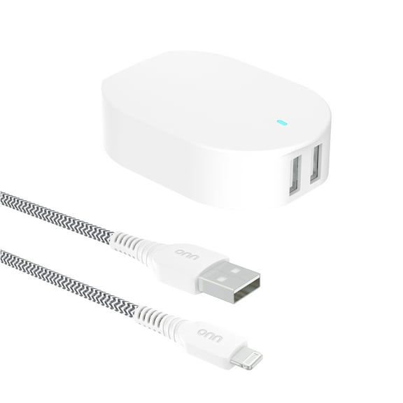 onn 24W Dual USB-A Port Wall Charger with 3ft Lighting to USB Cable, Foldable Plug, White - Compatible with iPhone 14/13/12/11/X/XR/XS/8/7/6/5, iPad, Airpods and more