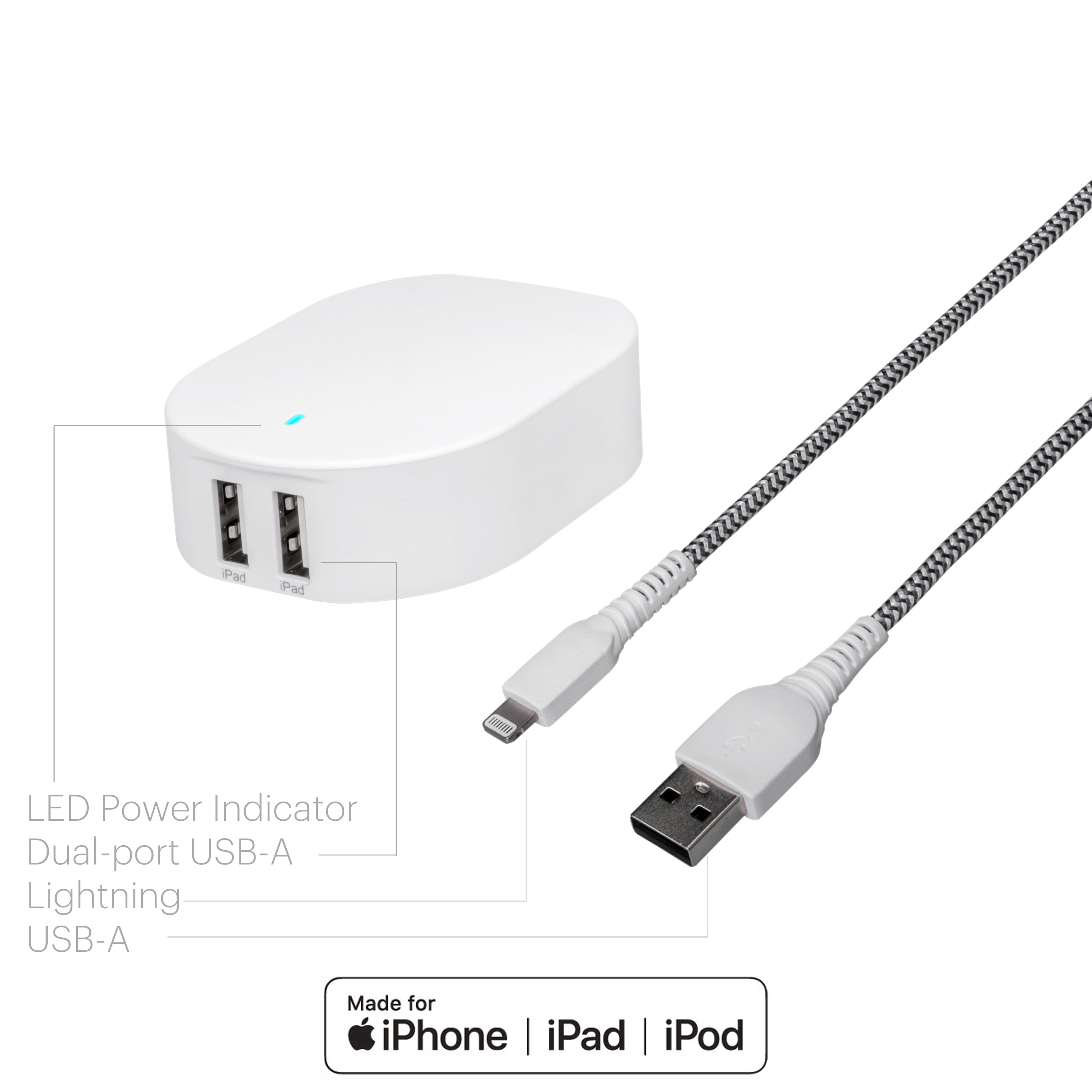 onn 24W Dual USB-A Port Wall Charger with 3ft Lighting to USB Cable, Foldable Plug, White - Compatible with iPhone 14/13/12/11/X/XR/XS/8/7/6/5, iPad, Airpods and more