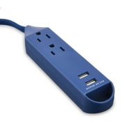 onn. 3-Outlet Surge Protector with 2 USB Ports, Blue, 3ft Braided Power Cord, 3 AC Outlets, 2 USB A Ports