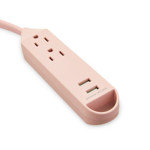 onn. 3-Outlet Surge Protector with 2 USB Ports, Pink, 3ft Power Cord, 3 AC Outlets, 2 USB A Ports