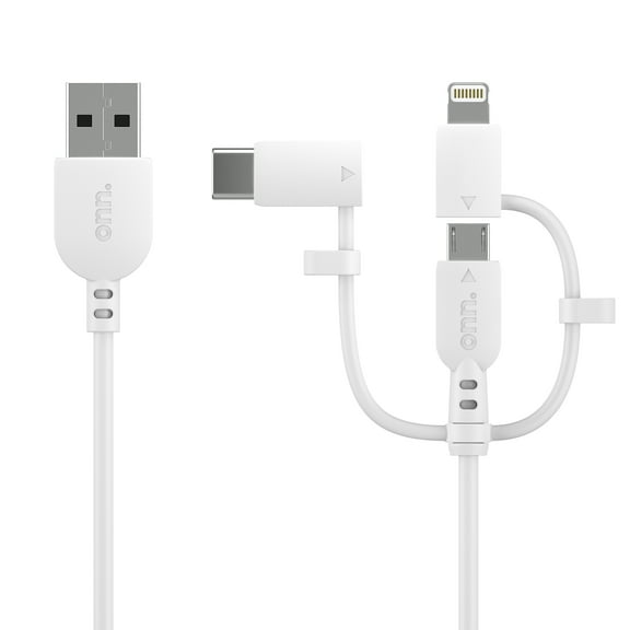 onn. 3 ft Tri-Tip to Lightning Micro USB Cable, White