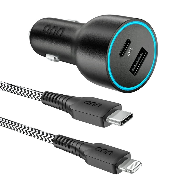 onn 32W Dual USB-C and USB-A Port Car Charger With 3ft C-Lighting Cable  ,MFI USB-IF Certified, Black Compatible with iPhone