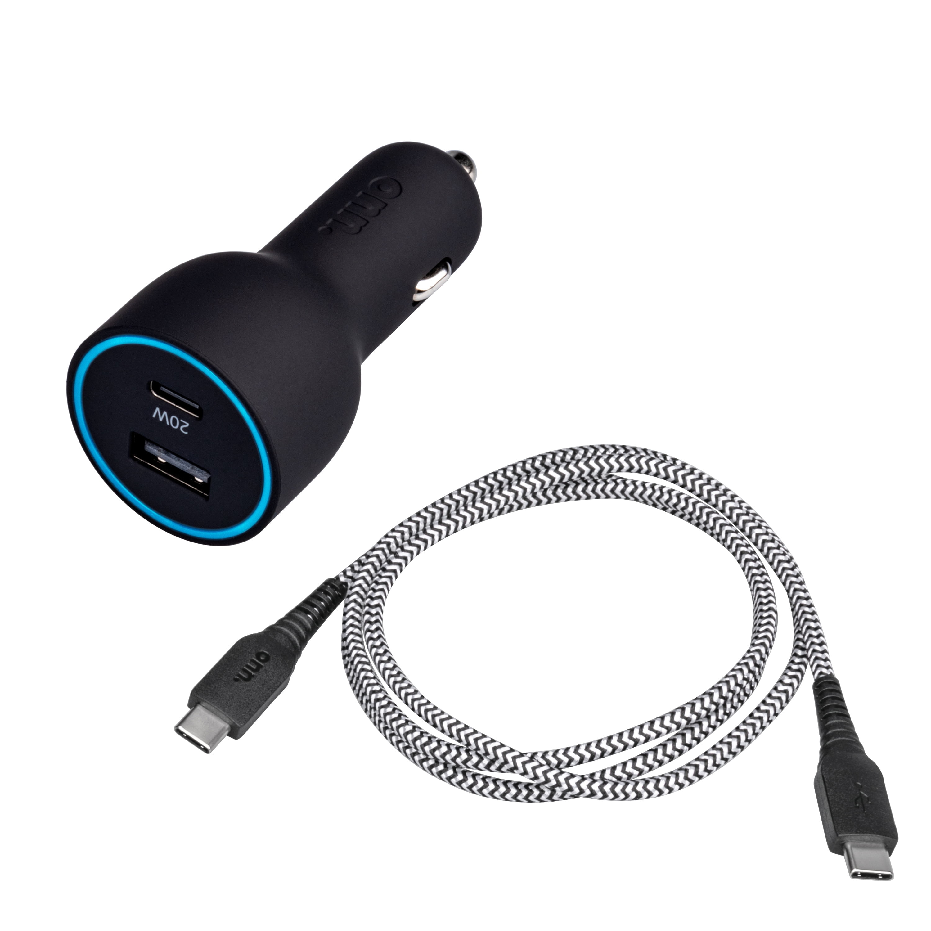 onn. 32W Dual-Port Car Charging Kit with USB-C Charging Cable, 20W