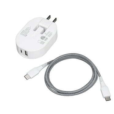 onn 32W Dual USB-C and USB-A Port Wall Charger With 3ft C-C Cable,Fast Charging, USB-IF Certified, Foldable Plug,White