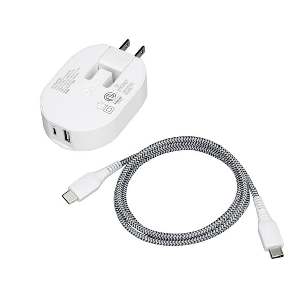 onn 32W Dual USB-C and USB-A Port Wall Charger with 3ft C-C Cable, Fast Charging, USB-IF Certified, Foldable Plug, White - Compatible with iPhone 17/16/15 Series, Galaxy, Pixel, iPad Pro, & More