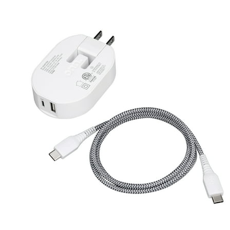 onn 32W Dual USB-C and USB-A Port Wall Charger with 3ft C-C Cable, Fast Charging, USB-IF Certified, Foldable Plug, White - Compatible with iPhone 17/16/15 Series, Galaxy, Pixel, iPad Pro, & More