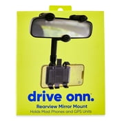 onn. 360 Degree Rearview Mirror Mobile Plastic Black Phone Mount, Universal Multifunctional Design
