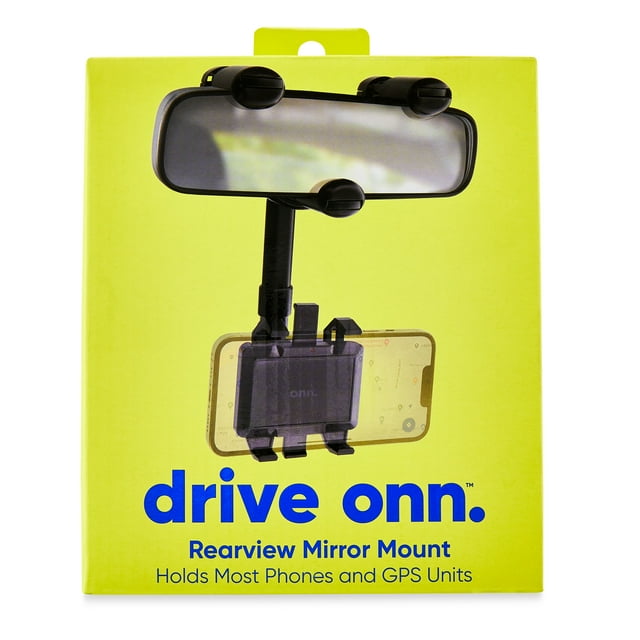 onn. 360 Degree Rearview Mirror Mobile Plastic Black Phone Mount, Universal Multifunctional