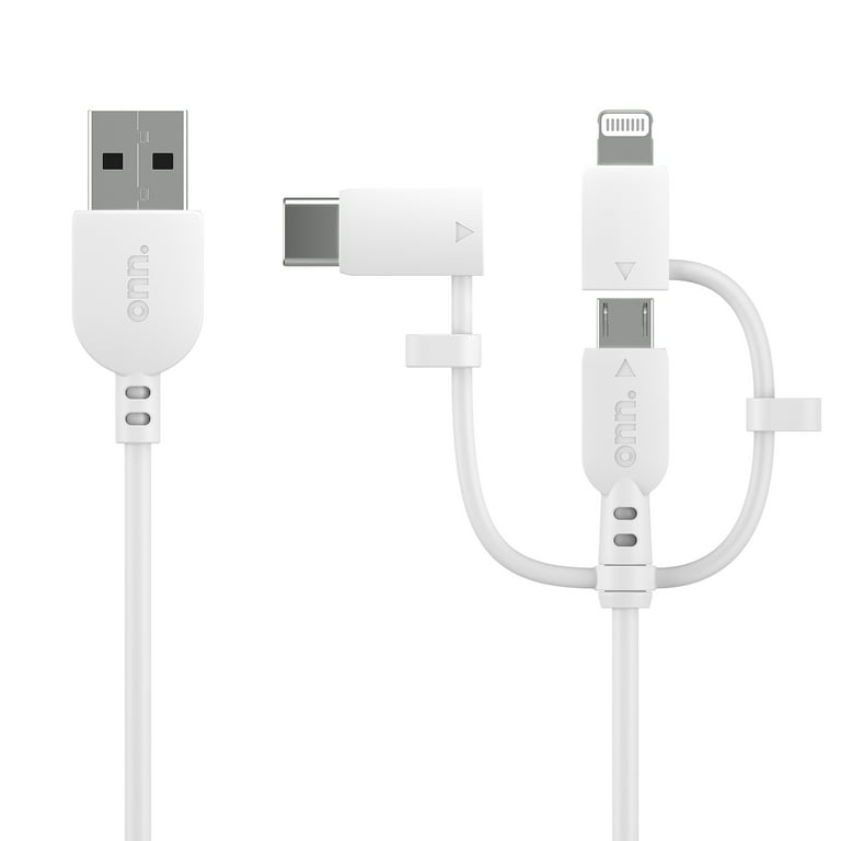 onn. 3ft USB-a to C, Lightning, Micro Cable for iPhone, iPad, LG, Samsung  Galaxy, Smartphones White