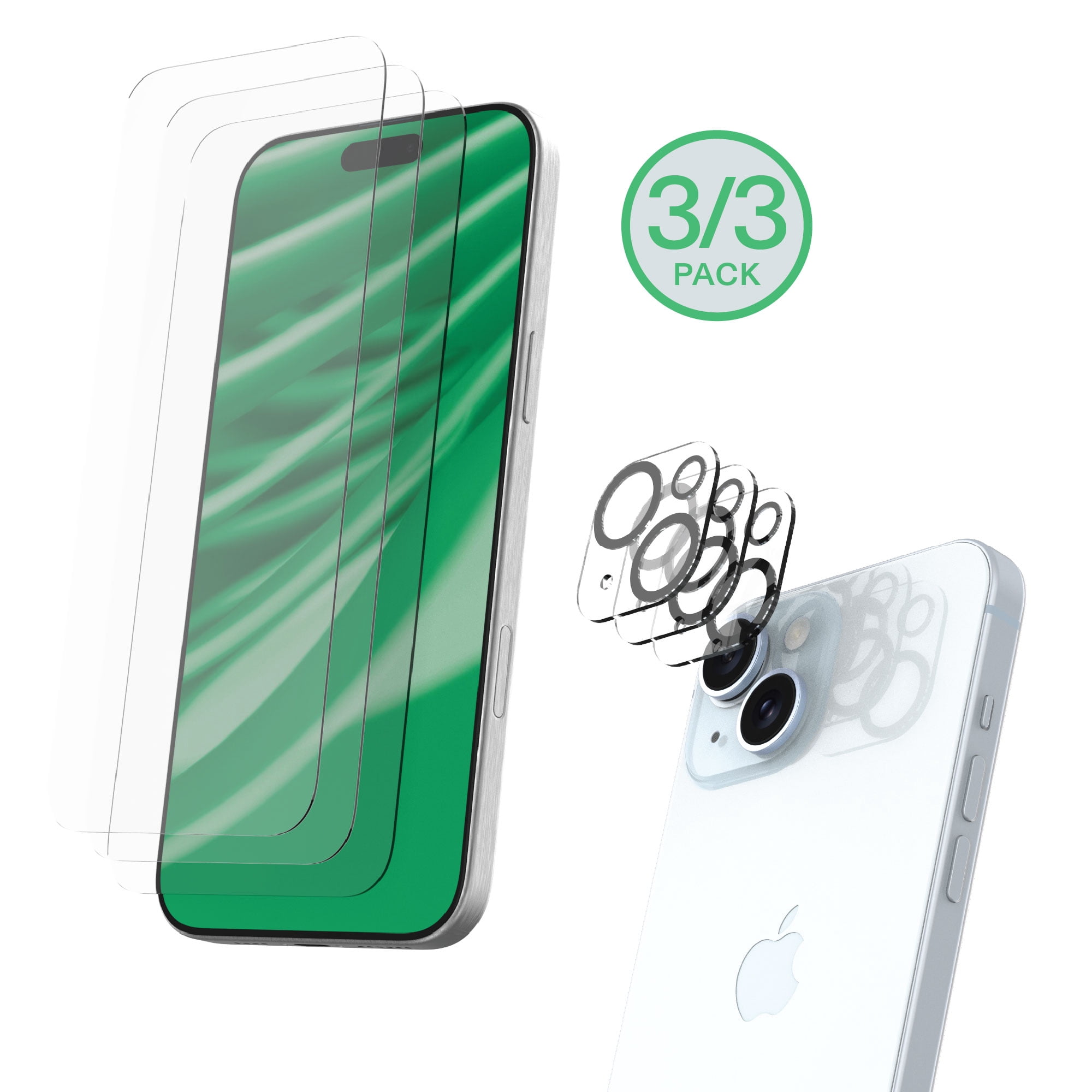 onn iPhone 15 Glass Screen Protector (3 Pack) and Camera Glass Screen Protector (3 Pack)