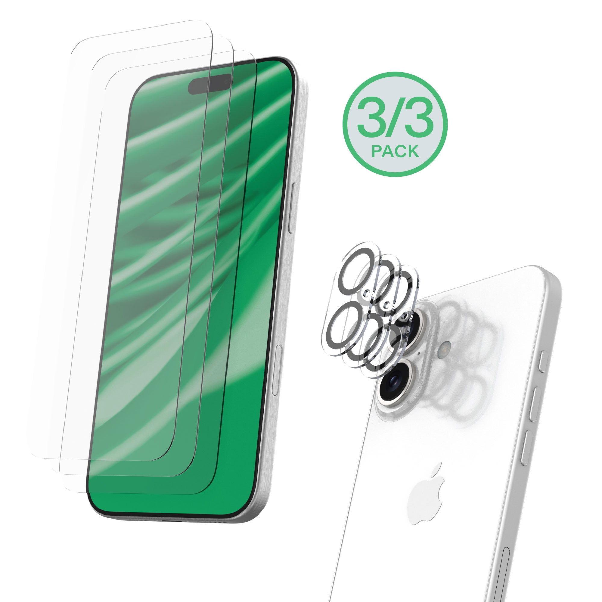 onn iPhone 16 Glass Screen Protector (3 Pack) and Camera Glass Screen Protector (3 Pack)