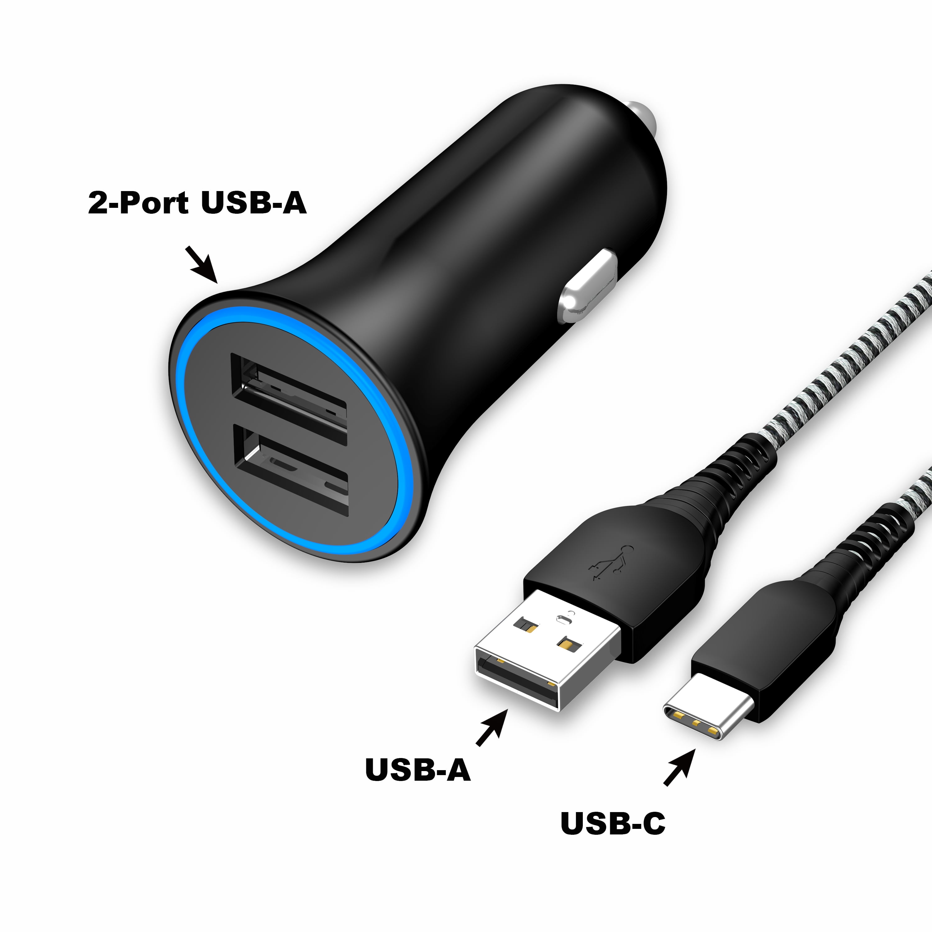 onn. 4.8A Dual-Port Car Charging Kit with 3ft USB-C to USB Cable  ,Compatible for Galaxy S21/S20/S10,Note 20,10 and More, Back 