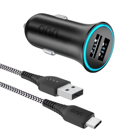 onn 24W Dual USB-A Car Charger with 3ft Braided USB-C Cable for iPhone, Samsung, Pixel