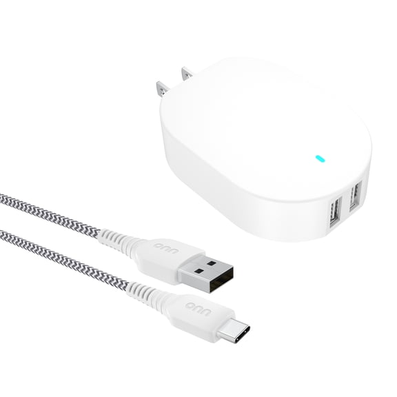 onn 24W Dual USB-A Port Wall Charger with 3ft USB-C to USB Cable, Foldable Plug, White - Compatible with iPhone 17/16/15 Series, Samsung Galaxy, Google Pixel, and more