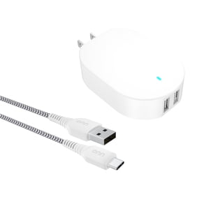 onn. 4.8A Dual-Port Wall Charging Kit with 3ft USB-C to USB Cable ,Compatible for Galaxy S21/S20/S10,Note 20,10 and More, White