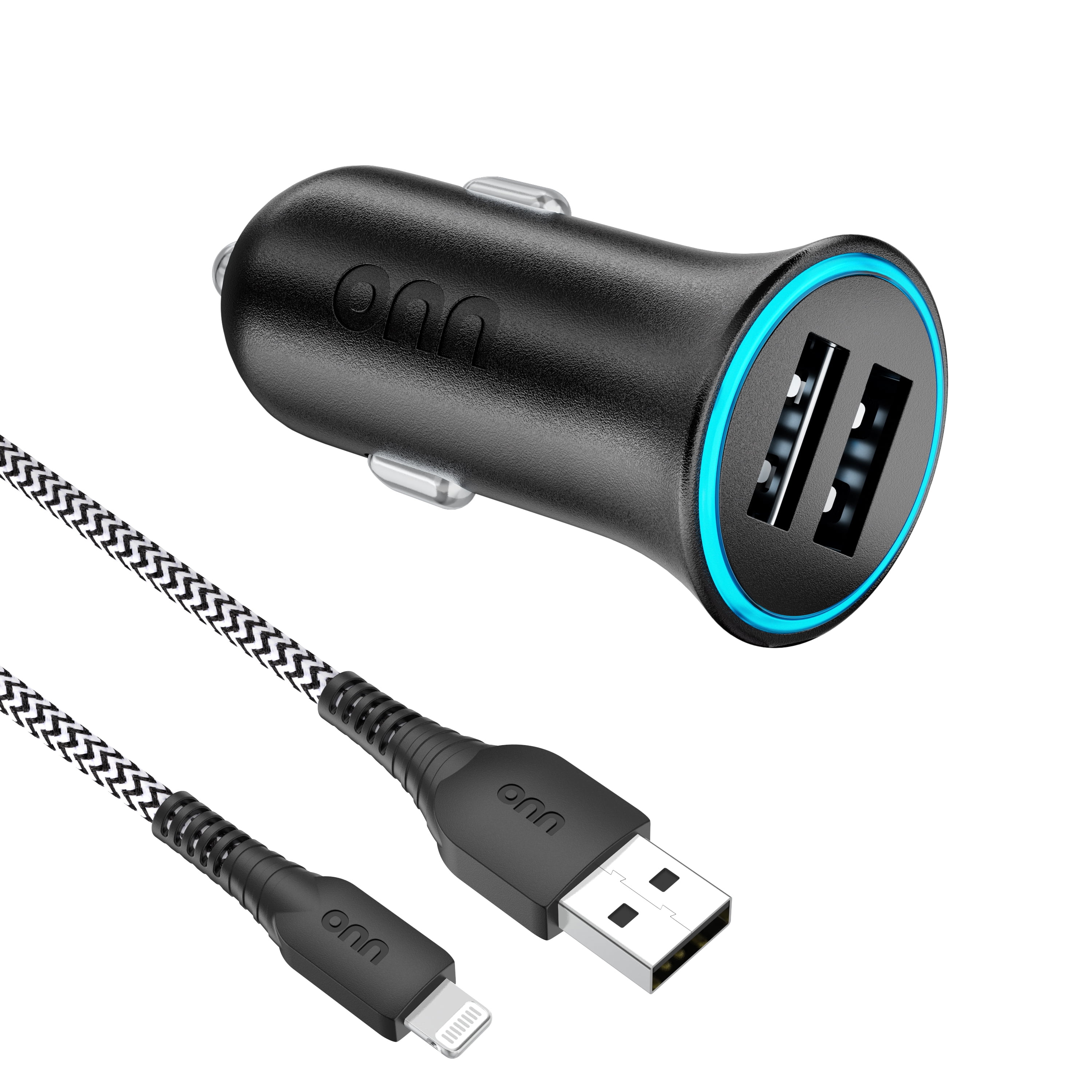 Onn+ 24W Dual USB-A Car Charger with 3ft Lightning Cable, Black