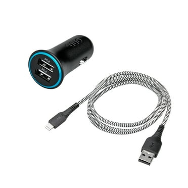 onn 24W Dual USB-A Port Car Charger With 3ft A-Lighting Cable,Black