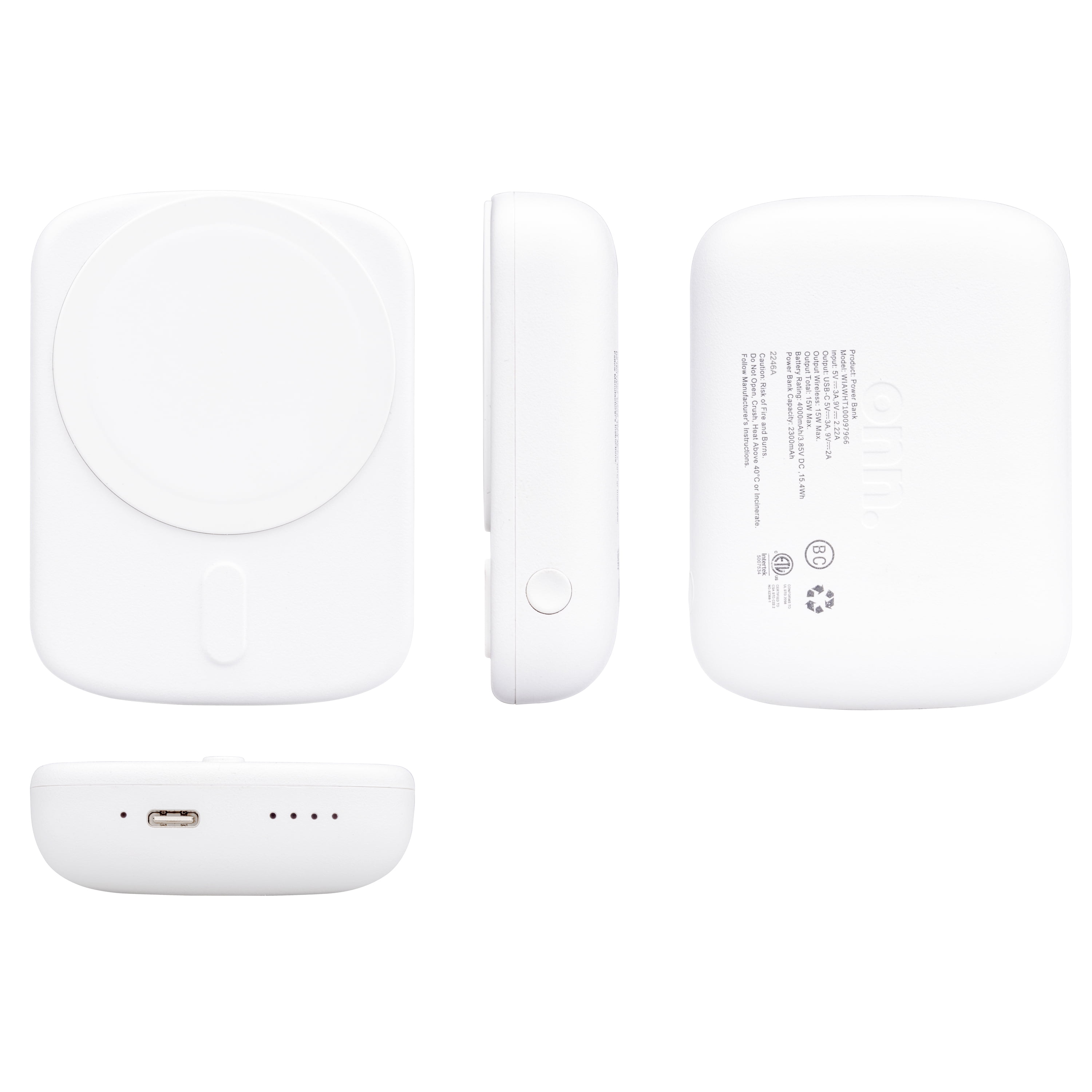onn 4,000 mAh Magsafe Portable Battery, MFI Certified, White - Compatible with iPhone 17/16/15/14/13/12 Series