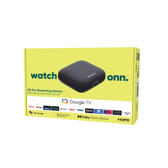 Pre-Owned onn 4K Pro Streaming Device, Google TV with Gemini* - Ultra-fast Streaming, Stunning 4K UHD, 32GB Storage, 3GB RAM, Dolby Vision & Atmos, Find My Remote with Backlight, Ethernet Port