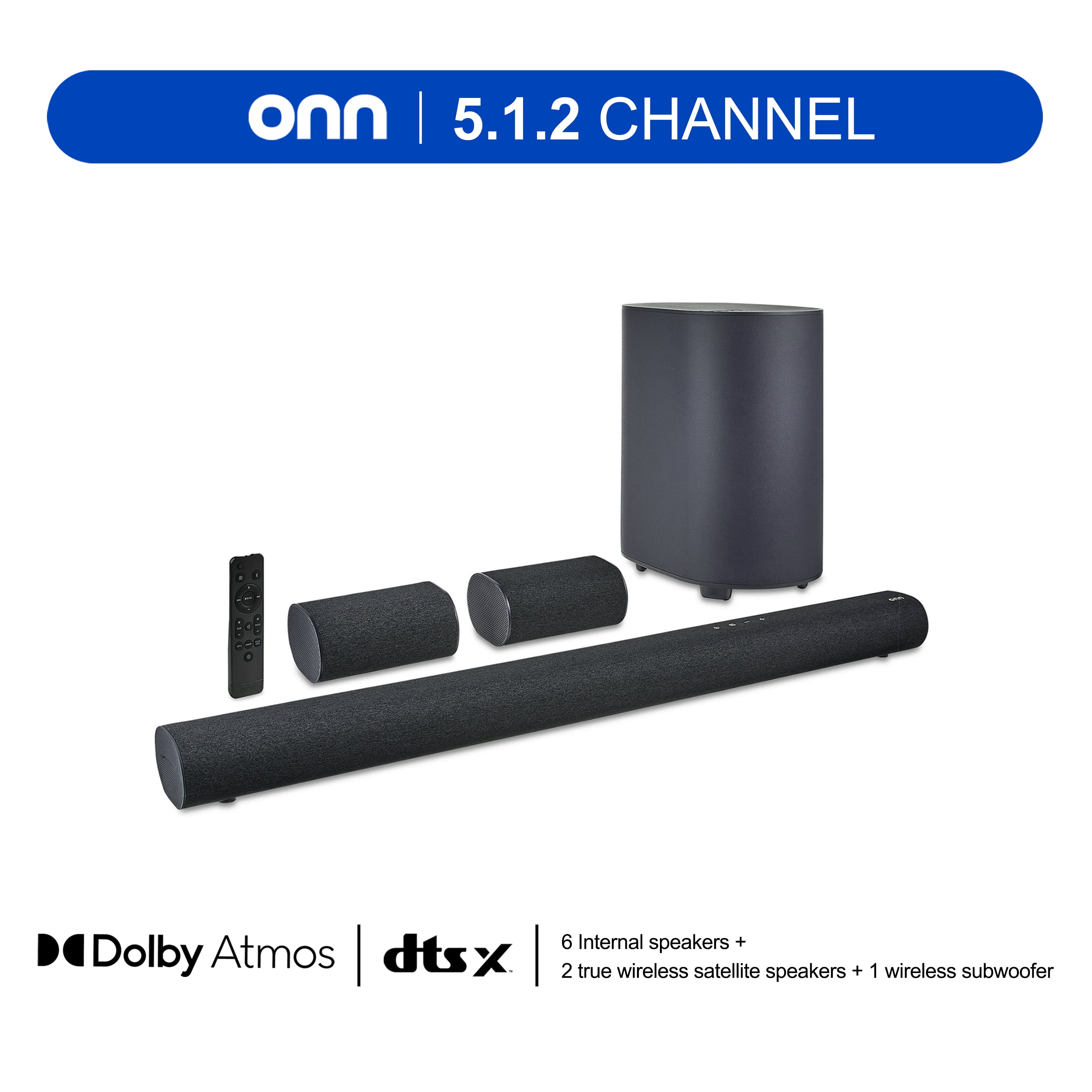 onn. 5.1.2 Surround Soundbar System with Dolby Atmos,Wireless Subwoofer and Ture Wireless Satellites, 42"