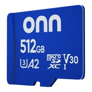 onn 512GB C10 U3 V30 A2 microSDXC Flash Memory Card with Adapter, for Phones, Tablets & Drones
