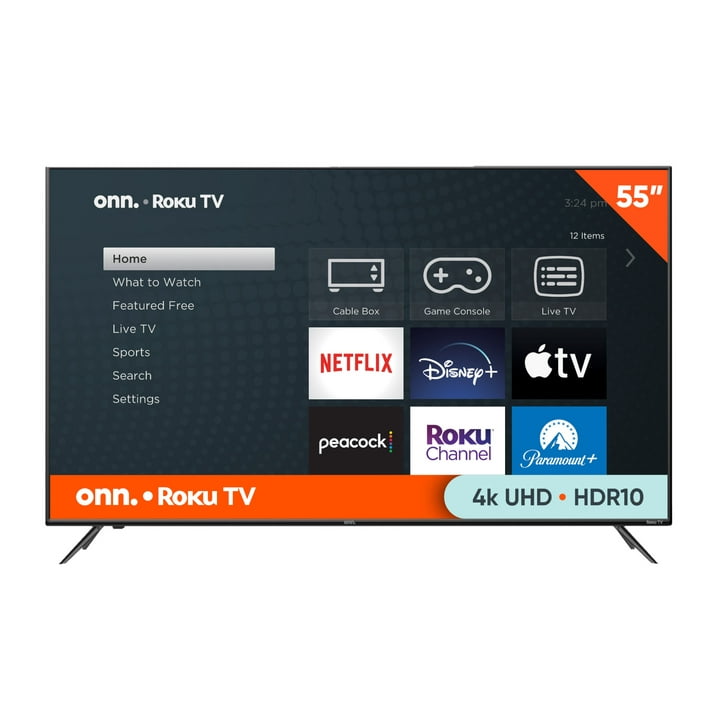 onn. 55” Class 4K UHD (2160P) LED Roku Smart Television HDR 4K UHD, LED, Roku TV