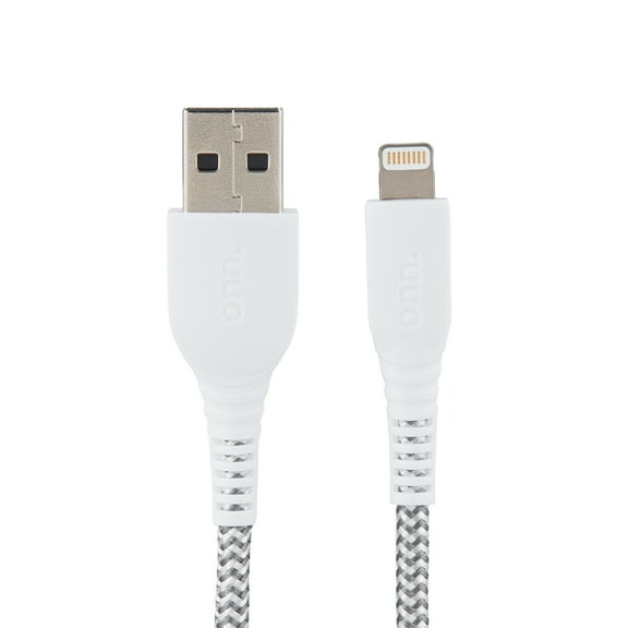 onn. 6' Braided Lightning to USB Cable, White