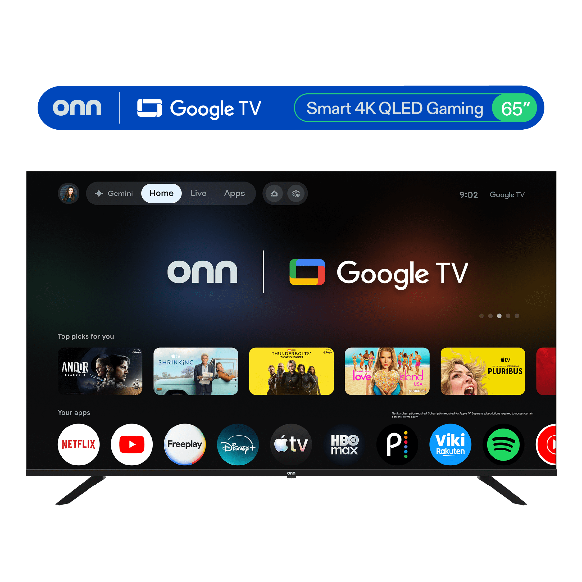 onn 65 in QLED 4K UHD Smart Gaming Google TV, 65SGQP4GSB1