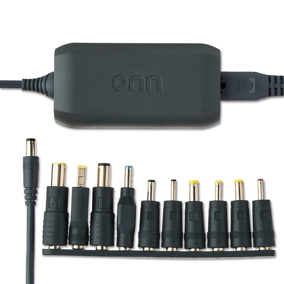 onn 65W Laptop Charger with 10 Interchangeable Tips, 10ft Power Cord, for HP, Dell, Lenovo, Grey