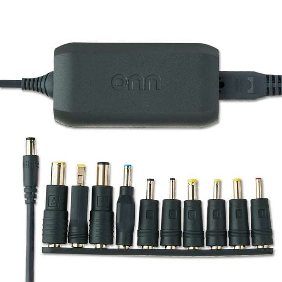 onn 65W Laptop Charger with 10 Interchangeable Tips, 10ft Power Cord, for HP, Dell, Lenovo, Grey