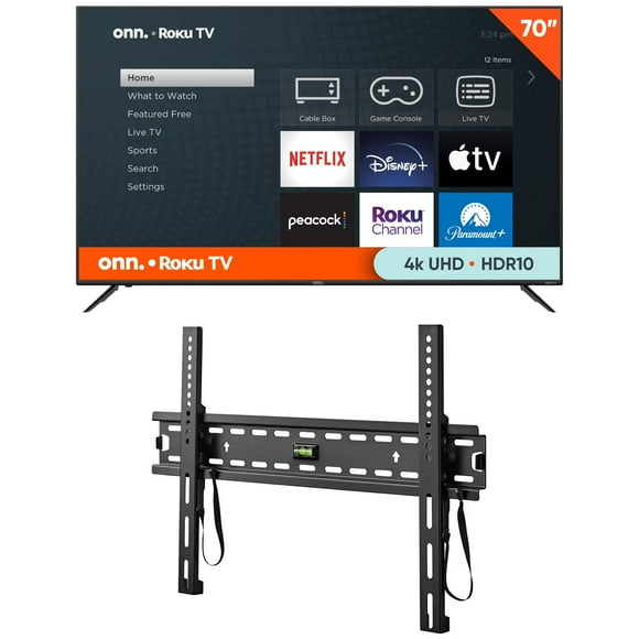 onn. 70” Class 4K UHD (2160P) LED Roku Smart Television HDR (100012588) and onn. Fixed TV Wall Mount for 32" to 86" TVs, holds up to 120 lbs