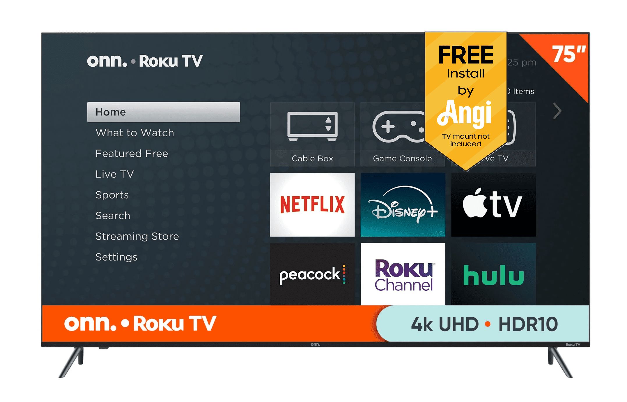 onn. 75” Class 4K UHD (2160P) LED Roku Smart Telev