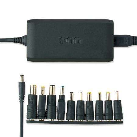 onn 90w laptop charger with 10 interchangeable tips, 10ft power cord, for hp, dell, lenovo, grey