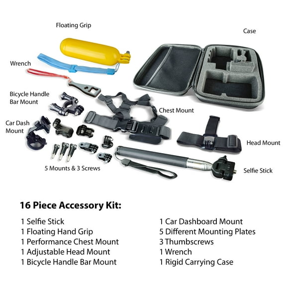 onn. Action Camera Accessory Kit, 16 Pieces