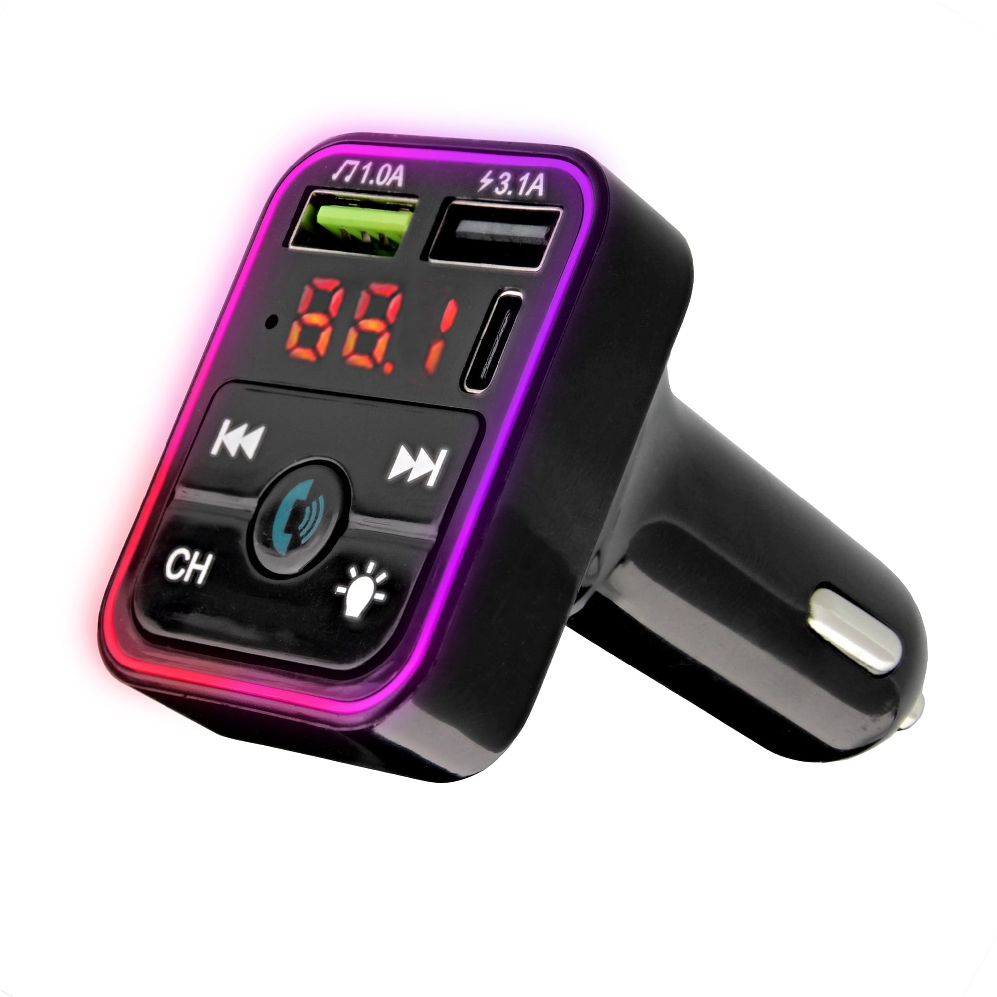 onn. Bluetooth FM Car Charger with LCD Screen, Type C, Wirelessly Stream Calls and Music