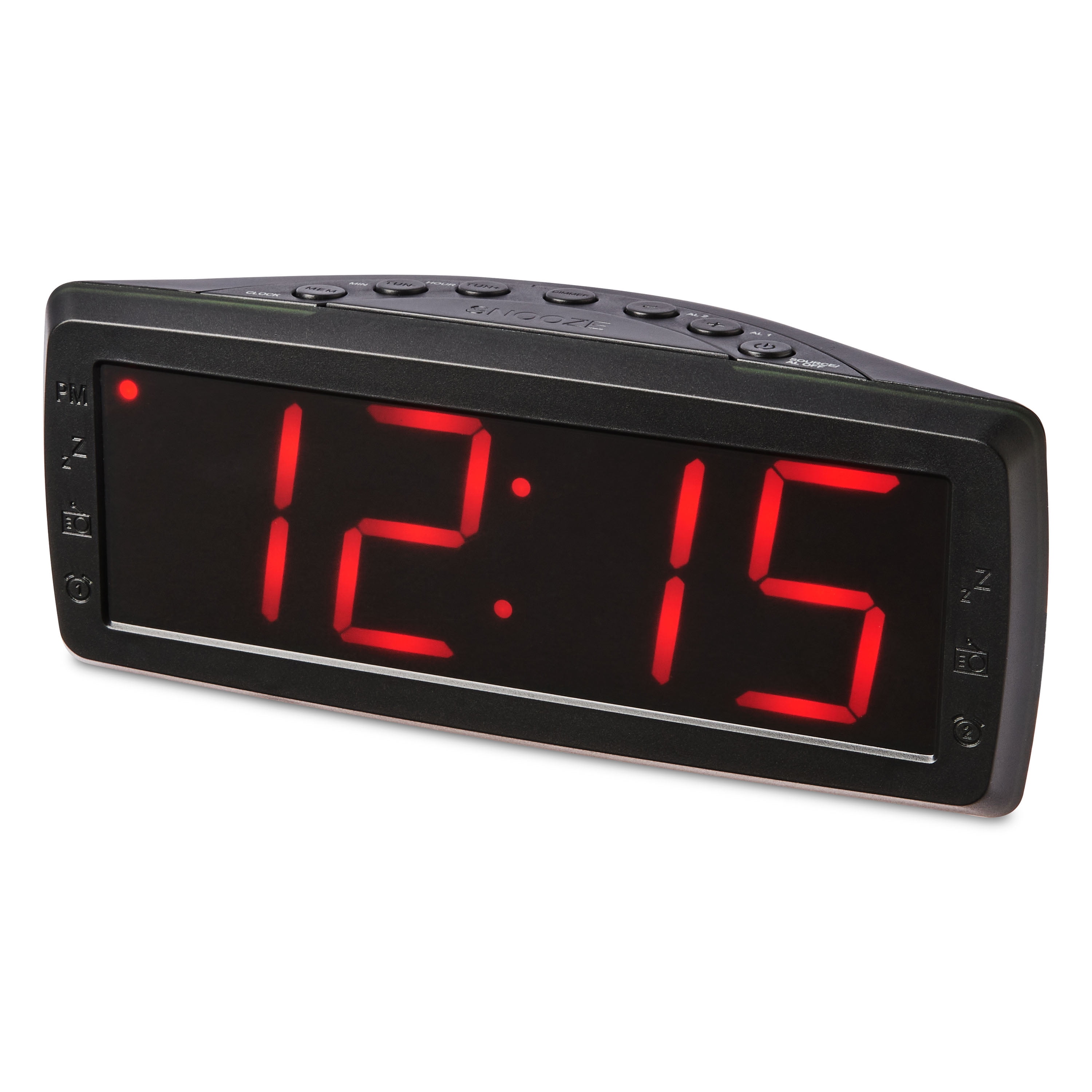 onn. Digital Alarm Clock 1.8" Red LCD, AM/FM Radio, Black